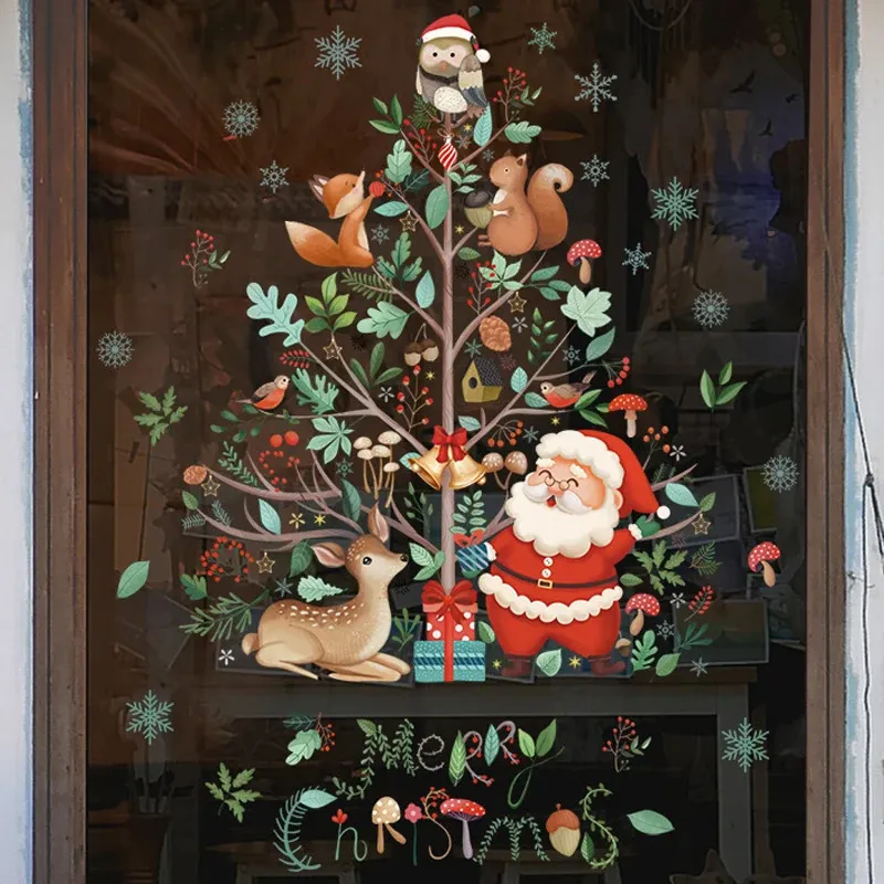 Naklejki ścienne 2024 WIOSKIE Święty Mikołaj Claus Tree Tree Cartoon Glass Dalca Wesołych Rok Dekoracje wakacyjne do domu 231211