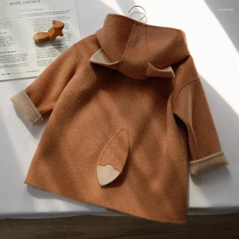 Куртки, детская одежда из Южной Кореи, осень 2023, милое твидовое пальто с героями мультфильмов для мальчиков и девочек, утепленное шерстяное пальто