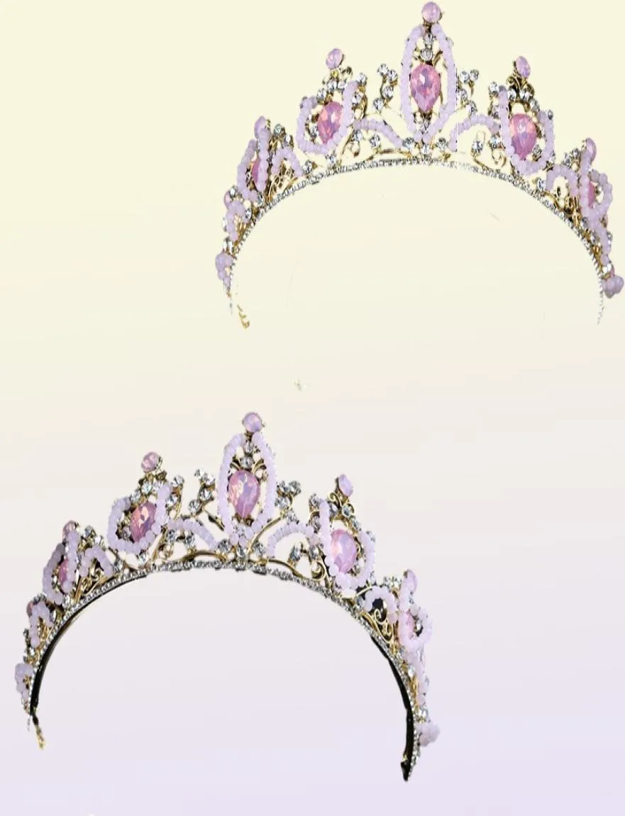 Corona nuziale da sposa Cute Pink Teardrop Crystal Crowns Donna Strass Pageant Tiara Diadema Ornamento per capelli Accessori donna4977374