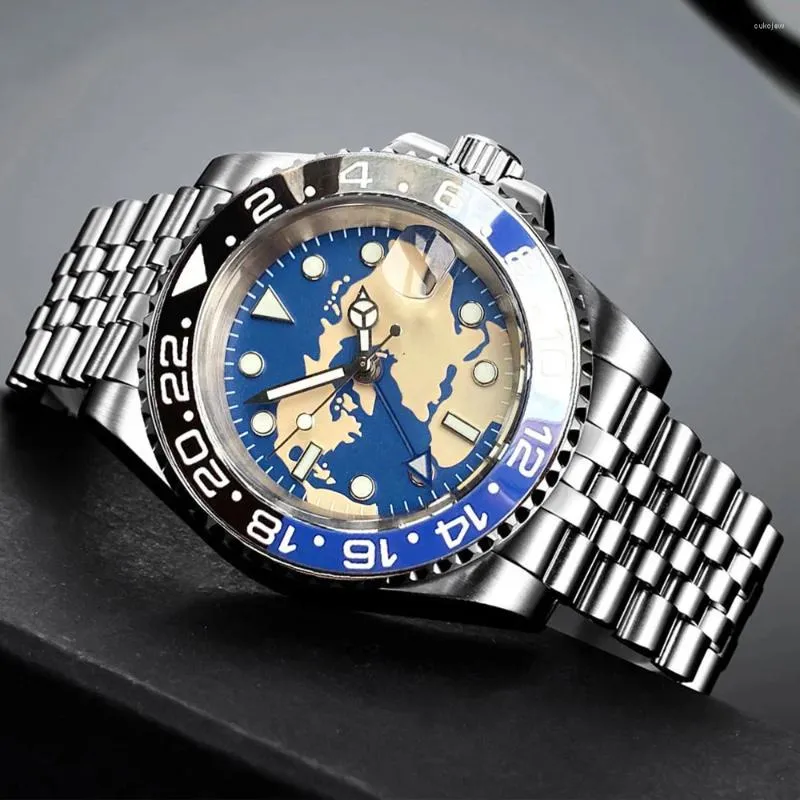 손목 시계 Tandorio 40mm 블루 다이얼 빨간색 GMT Sapphire Glass Full Luminous Watch Japan NH34 NH34A 기계식 자동 남성