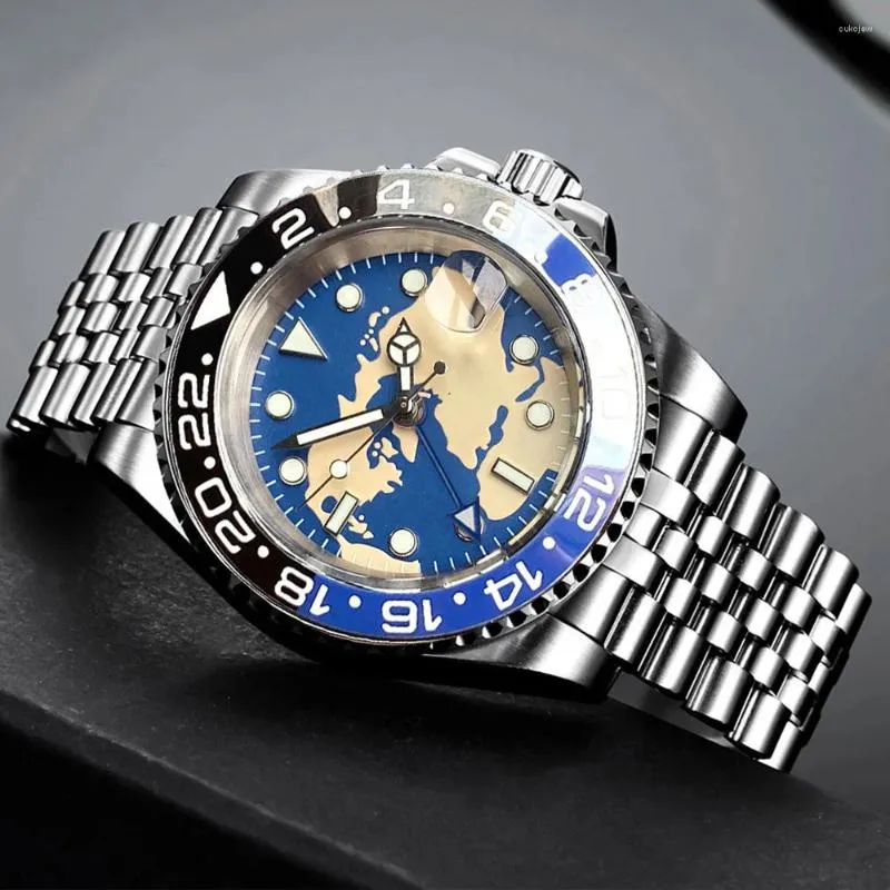 Armbandsur Tandorio 40mm Blue Dial Red GMT Sapphire Glass Full lysande Watch Japan NH34 NH34A Mekanisk automatisk herr