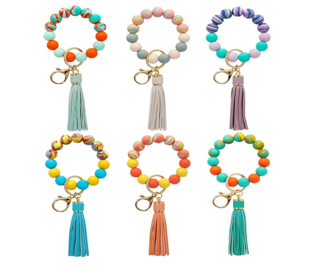 Tassel círculo pulseira chaveiro pulseiras moda charme jóias carro chaveiros contas de silicone pulseira chaveiro para mulheres meninas 6948539