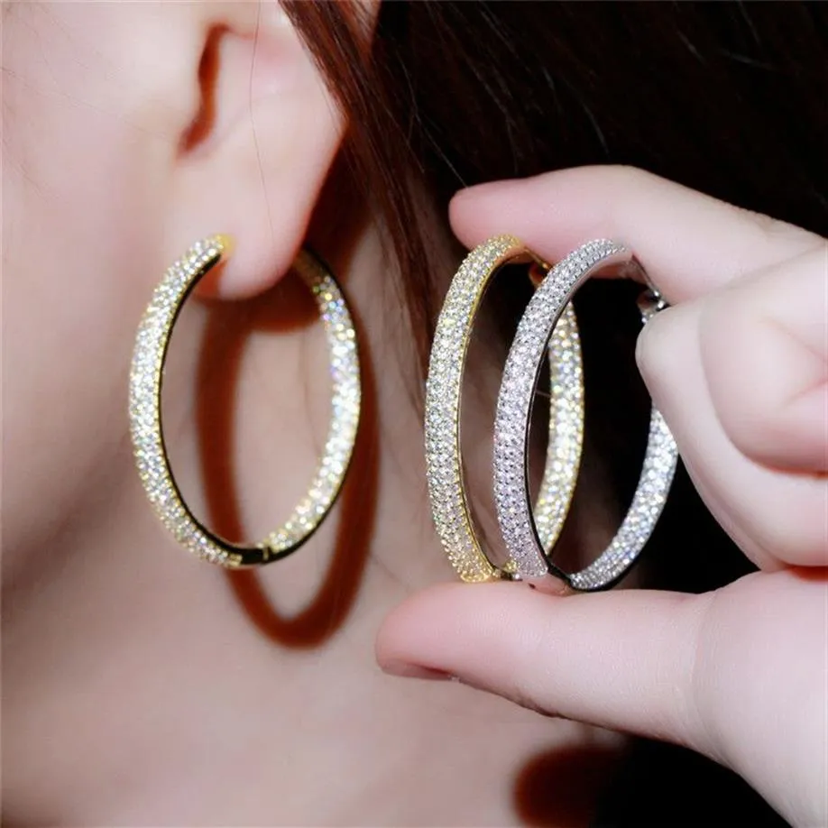 Sydamerikansk 18k Gold Big Hoop 42mm AAA Cubic Zirconia Designer örhängen Kopparsmycken White CZ Silver Circle Earring Jewelry V315F