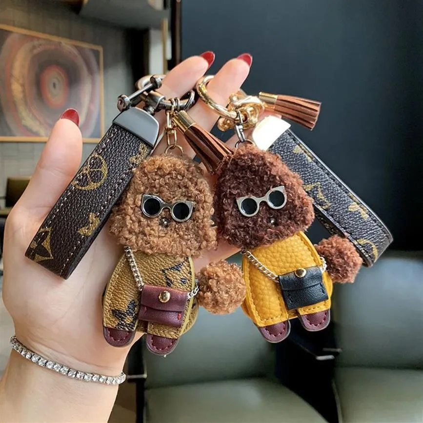 العلامة التجارية Teddy Dog Keychains Rabbit Fur Ball Buckle Chain chain Mashion Plush Leather Car Keys Ring Ring Women Geyring Jewelry Gift A258D