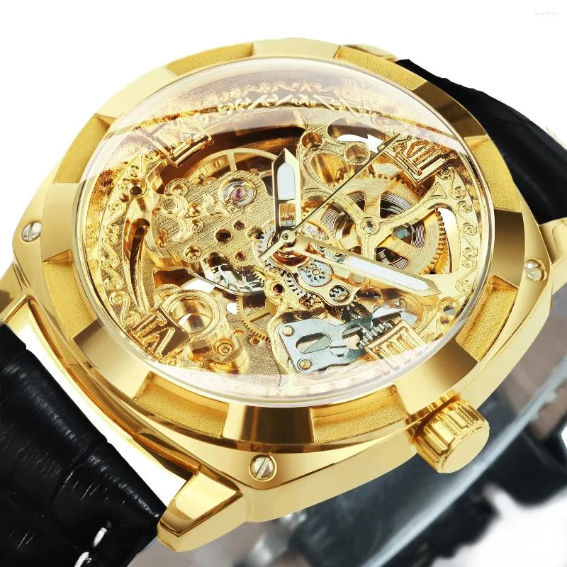 Zegarek na rękę Royal Retro Gold Skeleton Mechaniczne zegarki Grawerowane Ruch Luminous Hands Square Automatyczne męskie zegarek oryginalny skórzany pasek