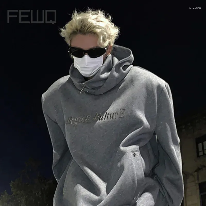 FEWQ – sweat à capuche pour hommes, mode décontractée, col haut, pull à paillettes, épaulettes en métal, haut 2023, automne hiver, couleur unie, 9C3654