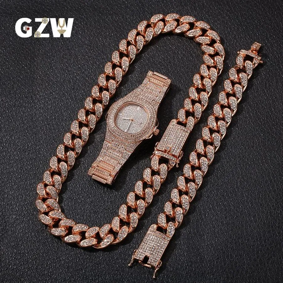 Nova moda personalizada 20mm ouro blingbling masculino cubano link corrente colar pulseira relógio conjunto hip hop rapper jóias presentes para m223o