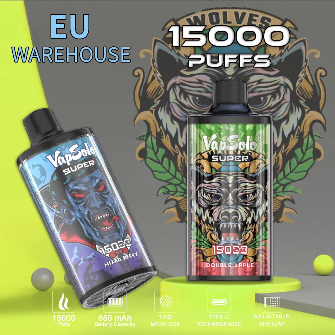 VAPSOLO Original 15000 PUFF jetable Vape Mesh Coil Cigarette 650mah batterie rechargeable flux d'air prérempli pod 15K PUFFS cigarrillos desechables EU Entrepôt