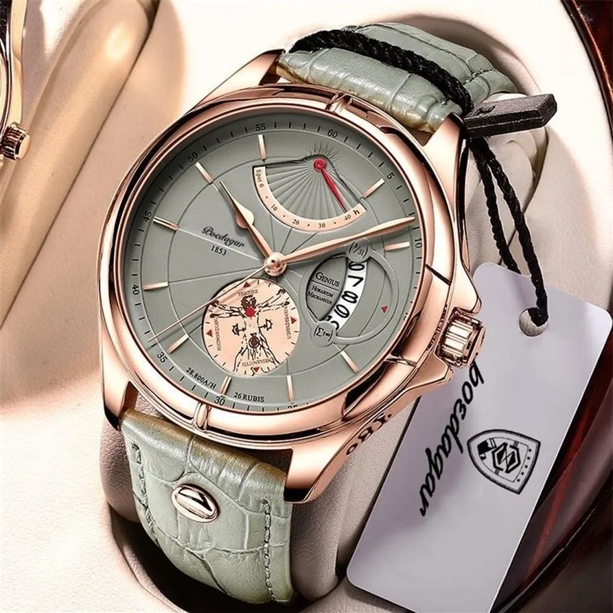 Szwajcarska marka Poedagar Watch Fashion Top Luksusowy sport Menswatch Wodoodporna światła skórzana data kwarcowa zegarki Man Box 22290V