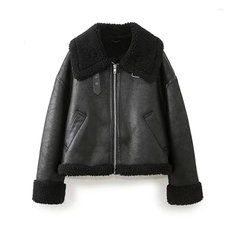 Women's Jackets YENKYE 2023 Women Fashion Faux Leather Lambswool Motorcycle Jacket Long Sleeve Female Winter Warm Biker Coat