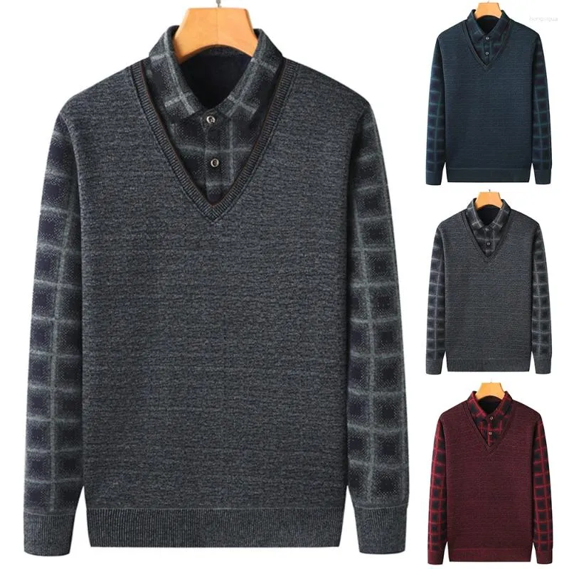 Camisas Casuales para Hombres Otoño Invierno Forro De Lana De Punto Moda Botón De Solapa A Rayas Camisa De Negocios Grueso Cálido Manga Larga Jersey Suelto