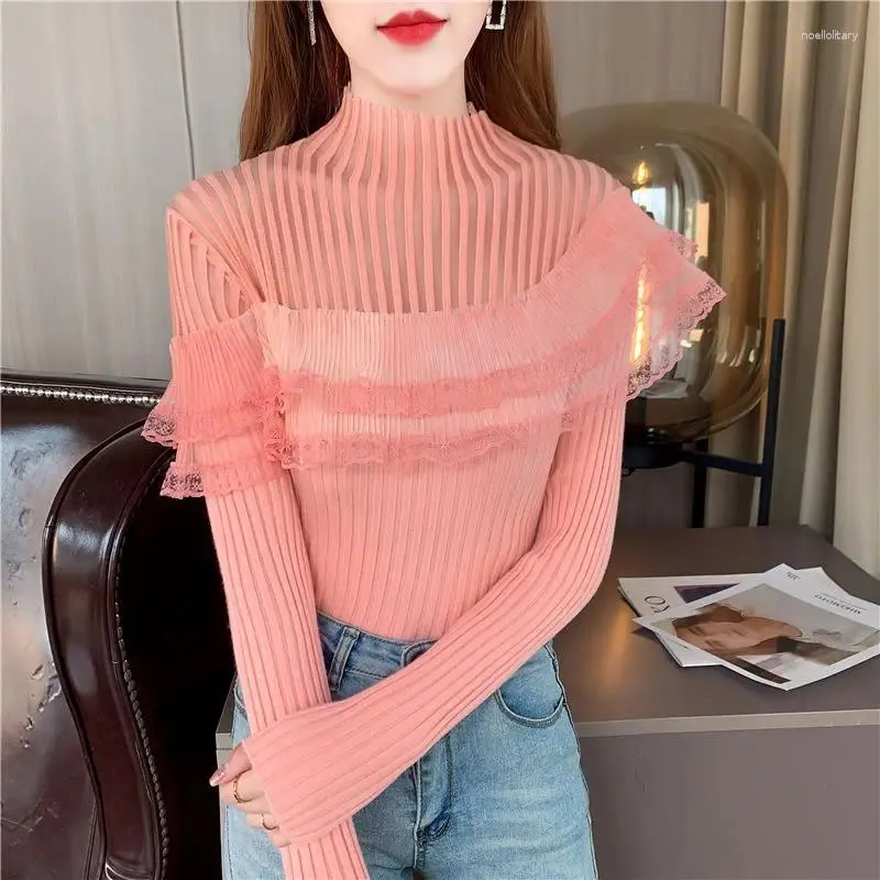 Pulls pour femmes Vêtements d'hiver Femmes pour la mode coréenne Tops à manches longues Top Cropped Lace Undershirt Sexy Knit Pink