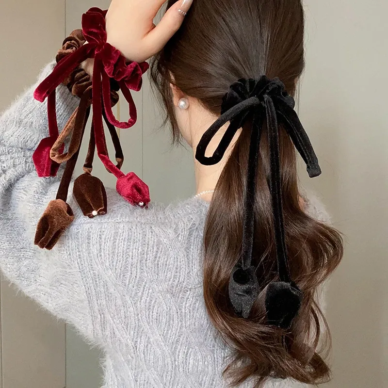 Lange Strik Tulp Haar Scrunchies Eenvoudig Fluwelen Haarring Touw Voor Vrouwen Meisjes Paardenstaart Houders Mode Hoofddeksels Haaraccessoires