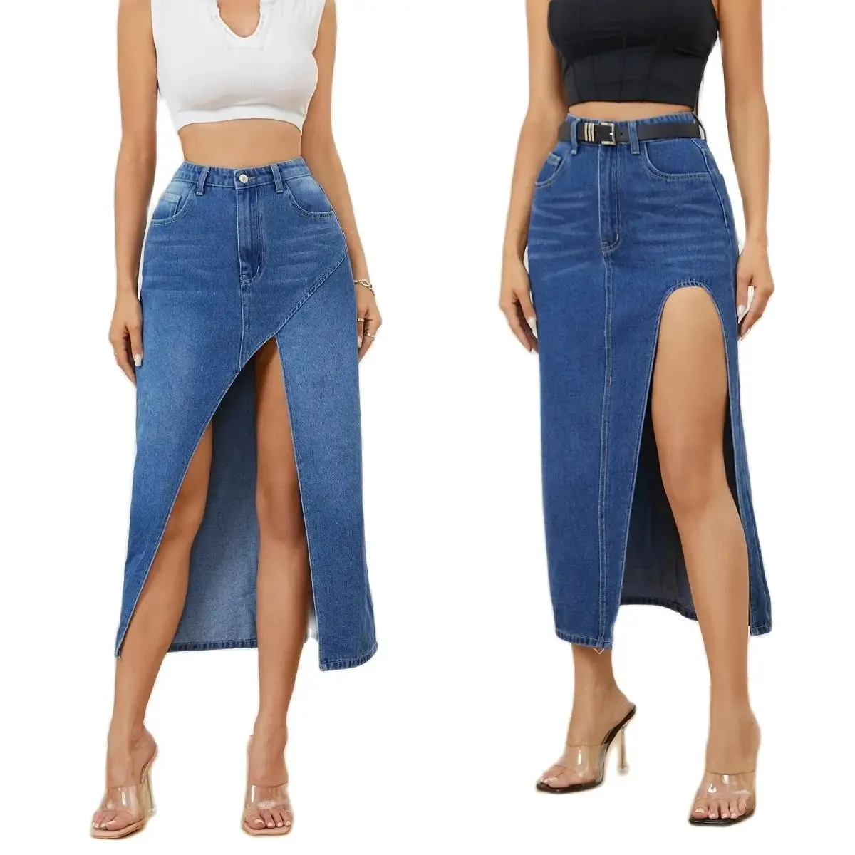 Vêtements ethniques 2024 Arrivée Femmes Slit irrégulière Denim Jupe Mode Lâche Sexy Mid Longueur Jeans Casual Dames XS L 231212