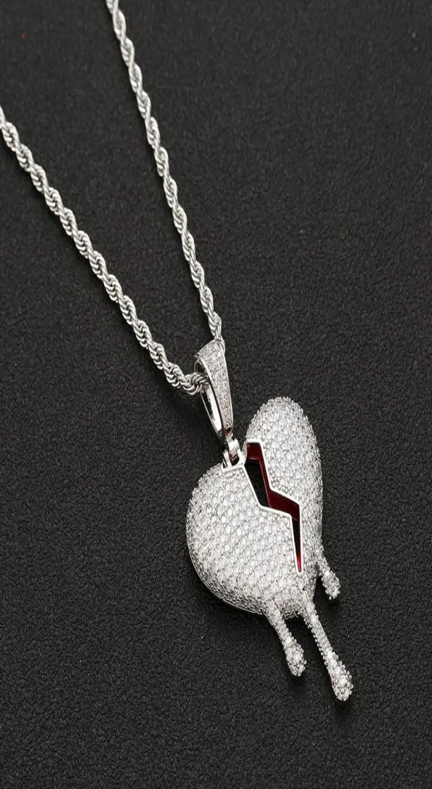 Collana con pendente a forma di cuore a goccia di olio rosso con catena a corda Oro argento Colore Zircone cubico Uomo Donna Gioielli hip hop1399259