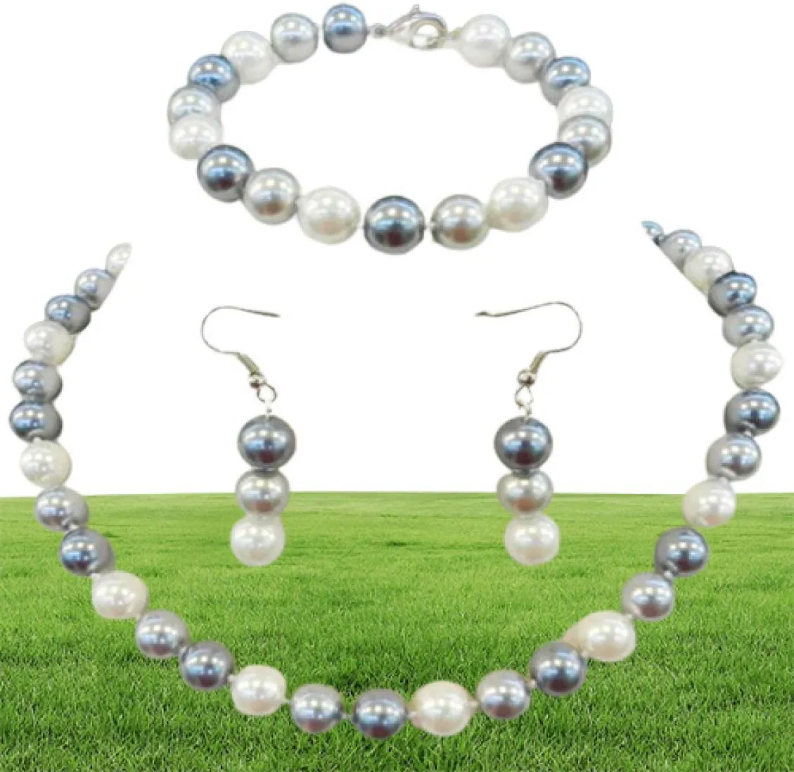 Handmade natural 10mm white black gray multicolor south sea shell pearl necklace bracelets earrings set 2setlot fashion jewelry5197355927