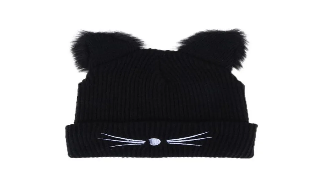 Sıcak kış şapkası kadınlar için sevimli kedi kulakları şapkalar şapkalar şapkalar pompom kapaklar kadın kaput femme yünlü siyah örgü örgülü kürk şapka y18057897