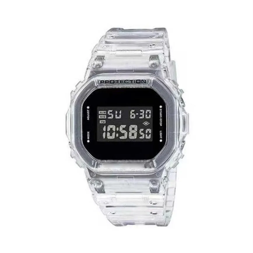 Armbandsur av högkvalitativ G-5600 transparent Watchband Man Watch Led Electronic Digital Ice With World Time Small Square Clock269p