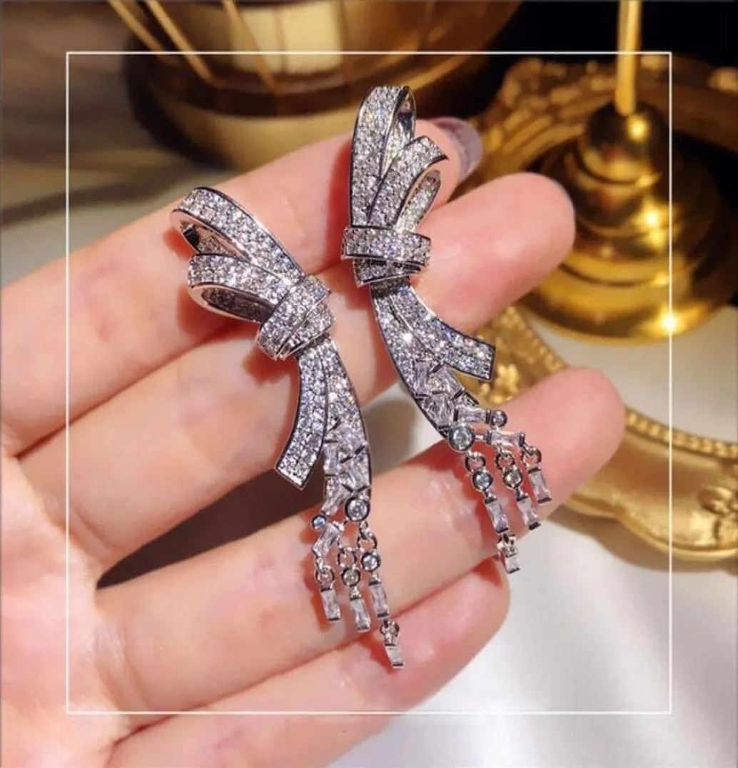 2020 Sparkling Luxury Jewelry Long Tassels Earring 925 Sterling Silver Pave White Sapphire Cz Diamond Crystal Women Wedding Dangle9813078