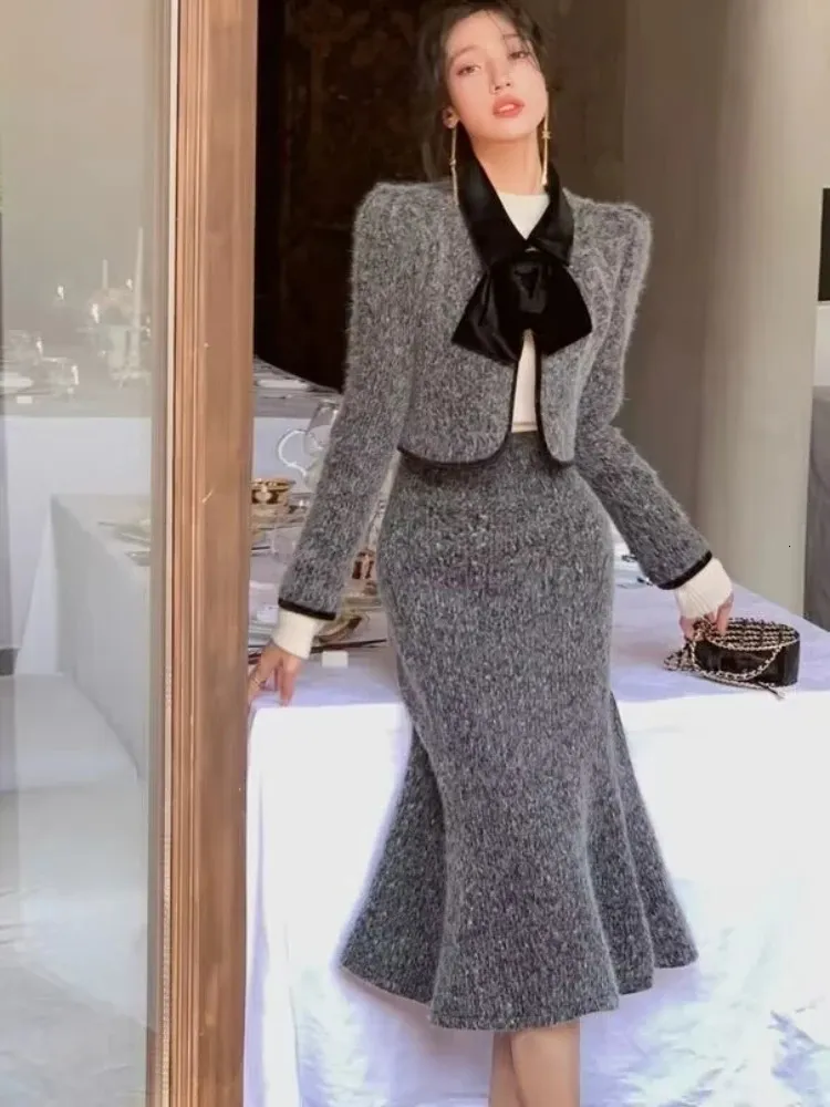 İki Parça Elbise Kadın Sonbahar Kış Küçük Koku Fransız Haute Couture Bow Kısa Blazer Etek Balıktail Etek İki Parçalı Set Kadın Kıyafetleri 231211