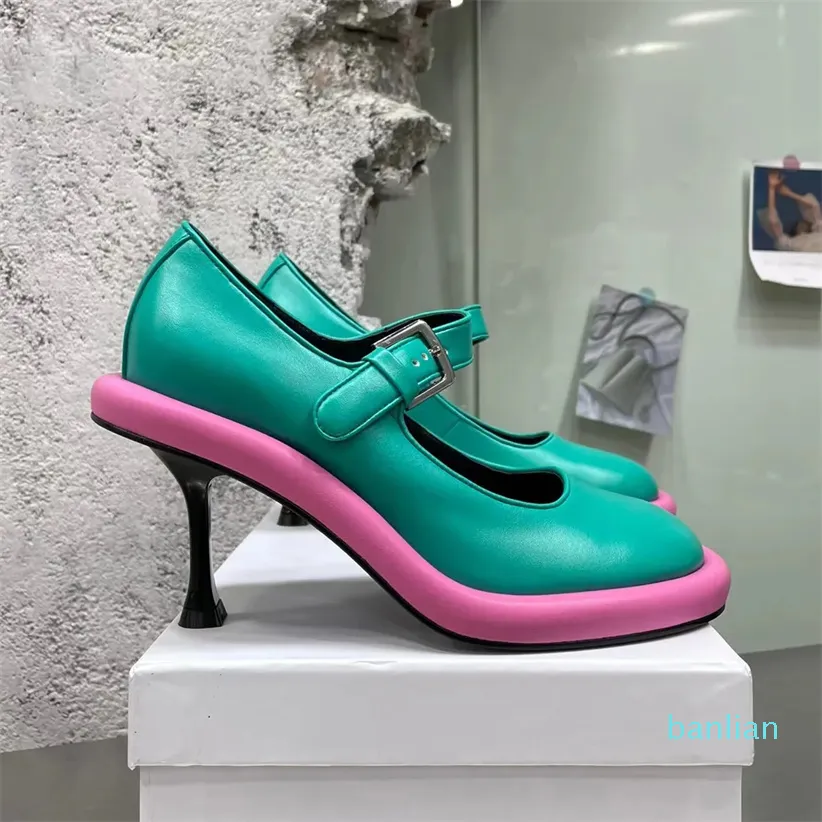 Sapatos de vestido confortáveis fino salto alto toe sapato dedo do pé redondo ligação tornozelo cinta fivela couro designer moda casual salto alto das mulheres