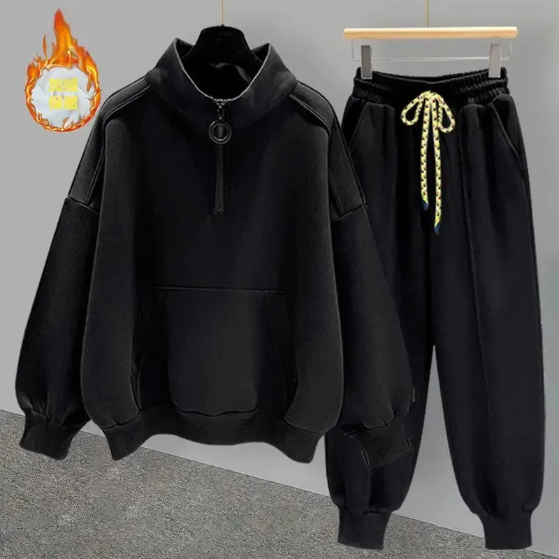 Herren Trainingsanzüge Hip Hop Halbhoher Kragen Sweatshirt Set Herbst Winter Trend Vielseitiger Reißverschluss Plüsch Dicker Mantel Jogger Jogginghose Streetwear 231212