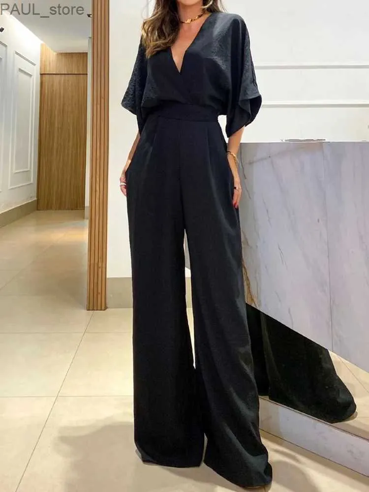 Kobiety Jumpsuits Rompers Chic High Talist Slim Fit Women Black Rompers Eleganckie letnia V Neck Silny kombinezon Patchwork Backless Lose Pants Catoilsl231212