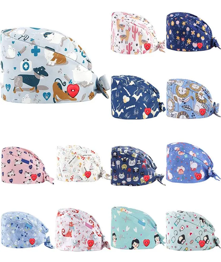 Work Hats Scrub Cap Hat Cartoon Flower Printing Akcesoria Whole unisex Pet Caps Hats Hat Hat Dental Clinic Cap6197952