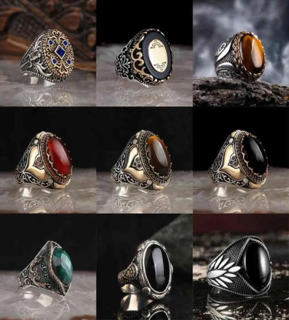 Nuovi anelli da uomo retrò fatti a mano in argento color argento turco vintage intagliato modello vuoto pietra zircone nero per le donne gioielli punk28410946706176