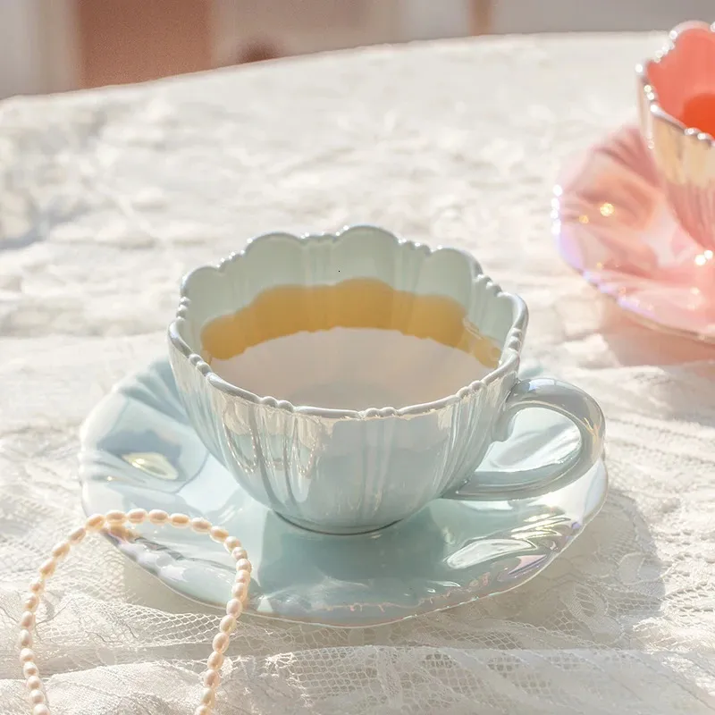 Muggar 240 ml Petal Ceramic Cup Coffee and Saucer Afternoon Tea Cups Milk Mug Teacup Drinkware 231211