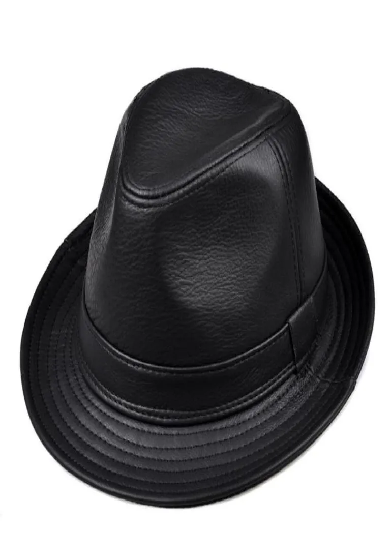 Sombreros de ala ancha Moda Cuero real Caballero Fedora Sombrero Hombres Otoño Invierno Sólido Negro Vintage Papá Chapeau Cowhide Cap Panamá Jazz1610192