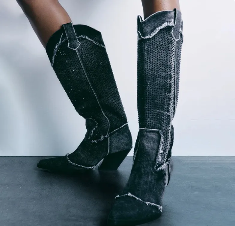 Best Verkopende Product 2024 Nieuwe Knie Hoge Botas Mode Vrouw Denim Luxe Designer Western Cowboy Laarzen Gratis Verzending Promotie Maat 34-43