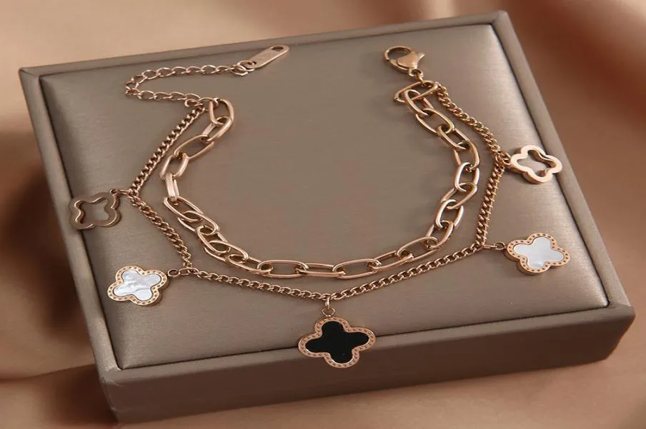 Hip hop wind Bracelet female clover double chain Titanium Steel Bracelet 18K Rose Gold trendy6429156