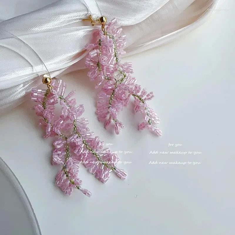 Kolczyki Dangle Eleganckie długie frędzle kwiat frezowanie kobiet dziewczyna romantyczna szczęśliwa różowa biżuteria prezent