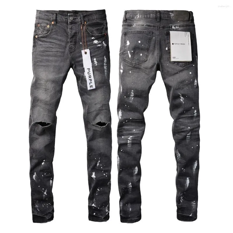 Mens Jeans 2023AW Roxo Marca High Street Slim Fit Lavado Destruído Buraco Preto Denim Calças Streetwear