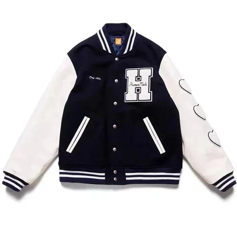 Vestes pour hommes H Lettre Baseball Varsity Veste Hommes Oversize Femmes Manteaux En Cuir Manches Bleu Marine Coeur Flock Vintage Baggy Jaqueta Masculina 231211