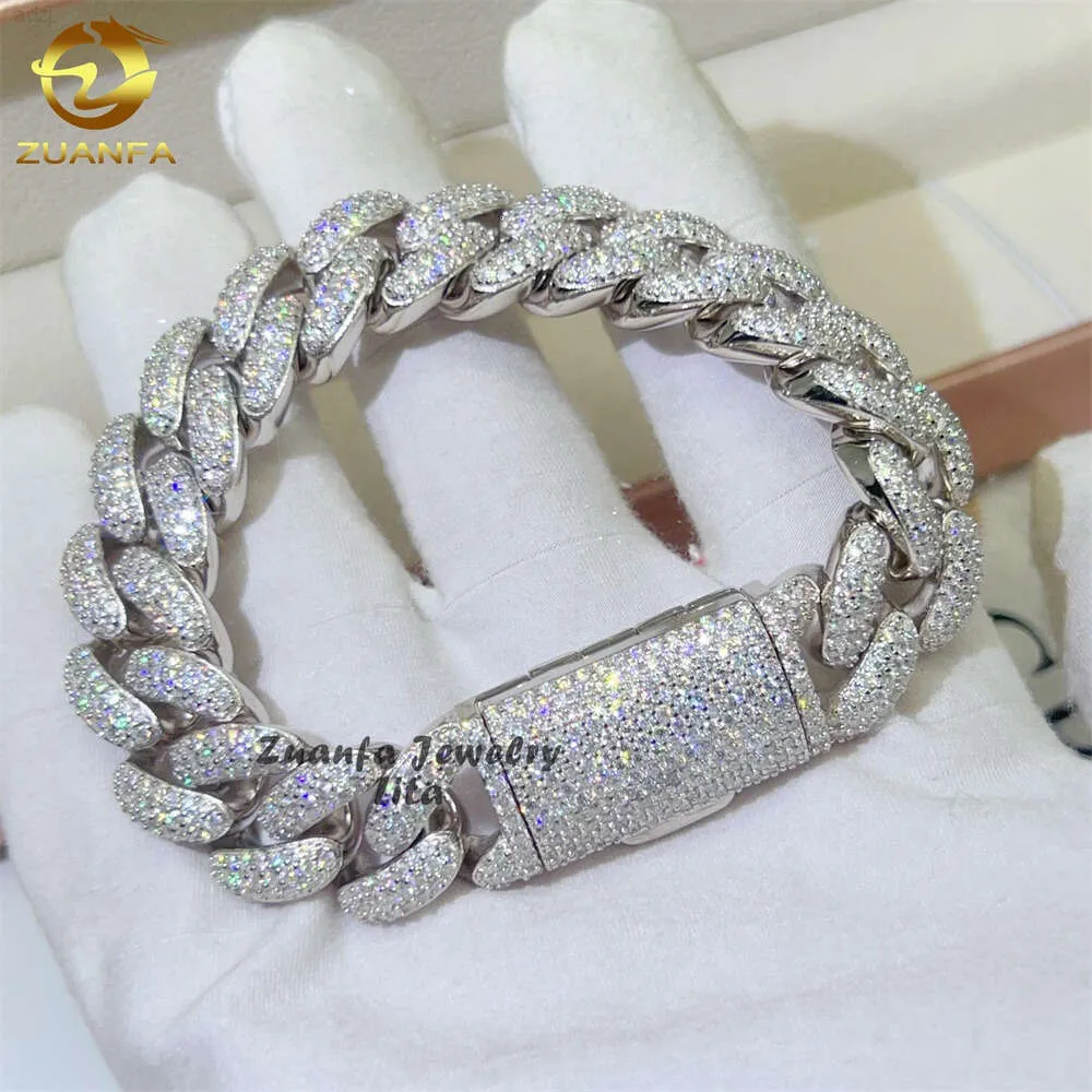 Hip Hop Rapper Silver 925 Joyas para hombre Icido Diamante de 15 mm 3 Filas Moissanite Cuban Link Chain Bracelet