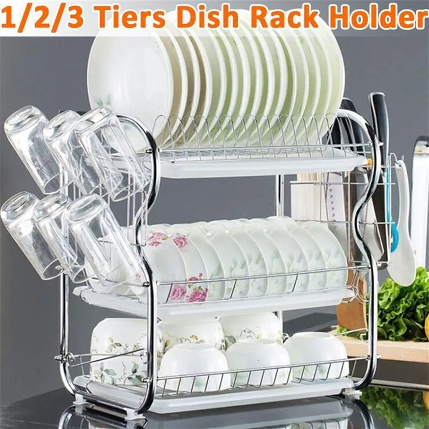 2-3 Tiers Dish Drying Rack Kitchen Washing Holder Basket Plated Iron Kitchen LNIFE Sink Dish Drainer Drying Rack Organizer Shelf T205S