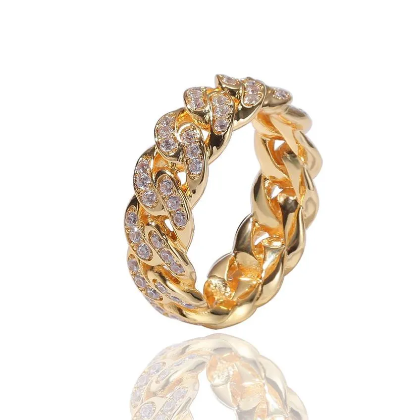 Anéis de banda brilhantes de hip hop 18k banhados a ouro real zircão cúbico cuba corrente anel de dedo joias309a