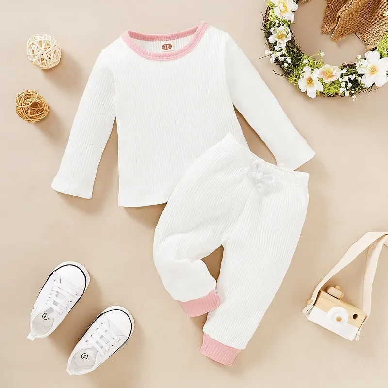 Autumn Kids Pit Knitted Clothing Sets Girls Long Sleeve T-Shirts + Pants /Sets Soft Cotton Clothes Boutique Infants Solid Outfits M2646