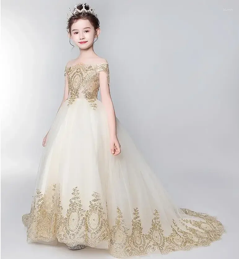 Flickklänningar Golden Tulle Kids Party Evening Glows Sequin Spets Long Trail Ball Gown Flower Dress for Weddings First Communion