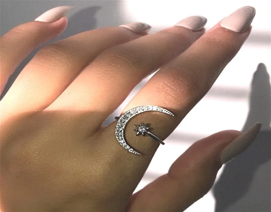 New Style Personality Crescent Moon Ring Lady Fashion Zircon Crystal Star Moon Open Adjustable Charm Women Ring Jewelry3417523