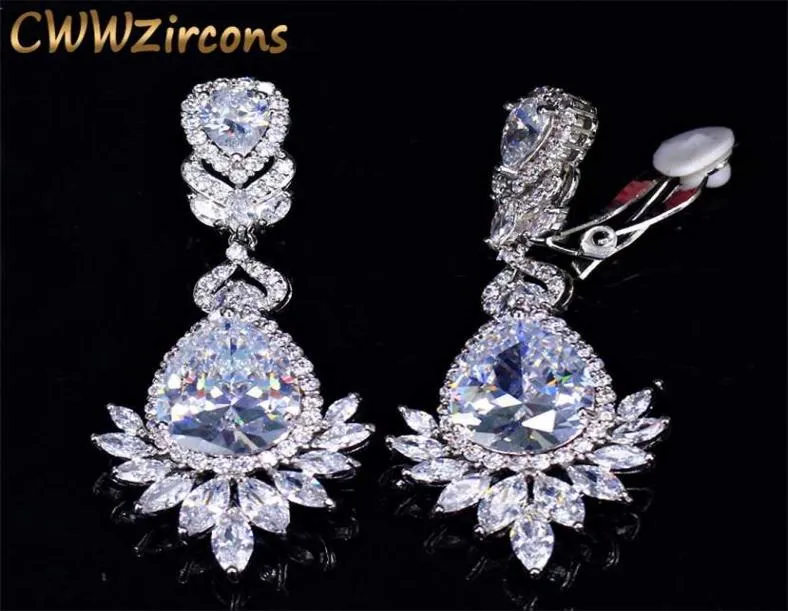 CWWZircons No Hole Piercing Ear Jewelry Cubic Zirconia Crystal Bridal Long Luxury Wedding Clip on Earrings Non Pierced CZ409 220118808066