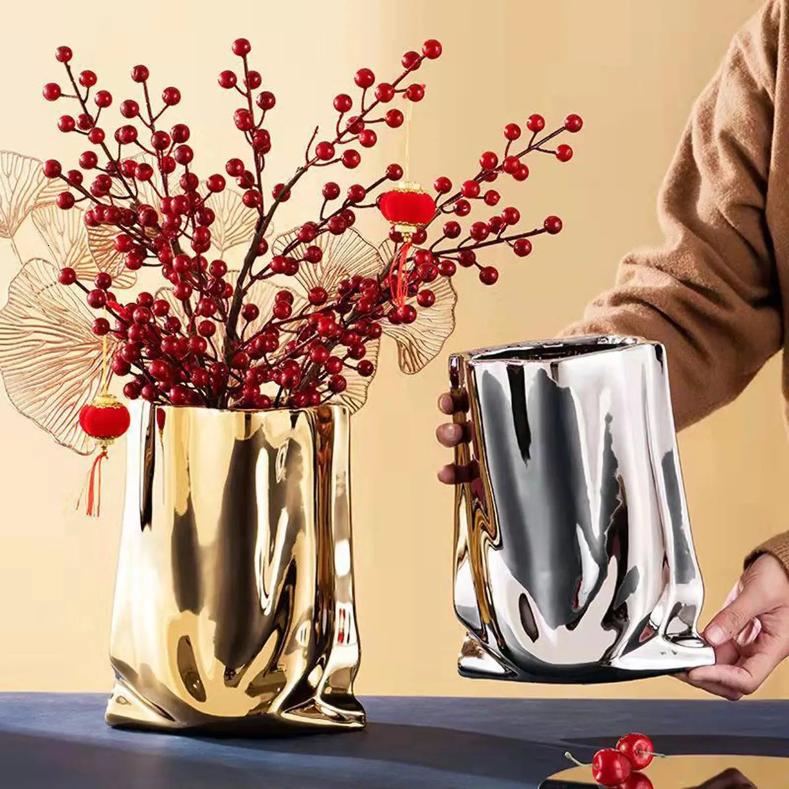 Vazolar seramik çiçek vazo büyük kapasiteli altın gümüş centerpiece parti ev yatak odası yemek masası dekor 231212