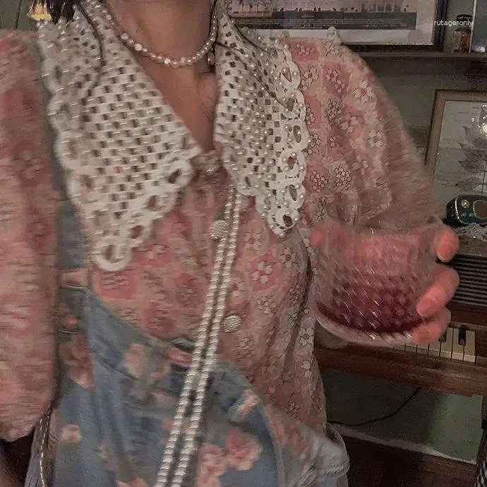 Chemisier en dentelle à manches courtes pour femme, vêtement ample et doux, avec perles, col de poupée, haut pour femme, chemise d'été, rose français