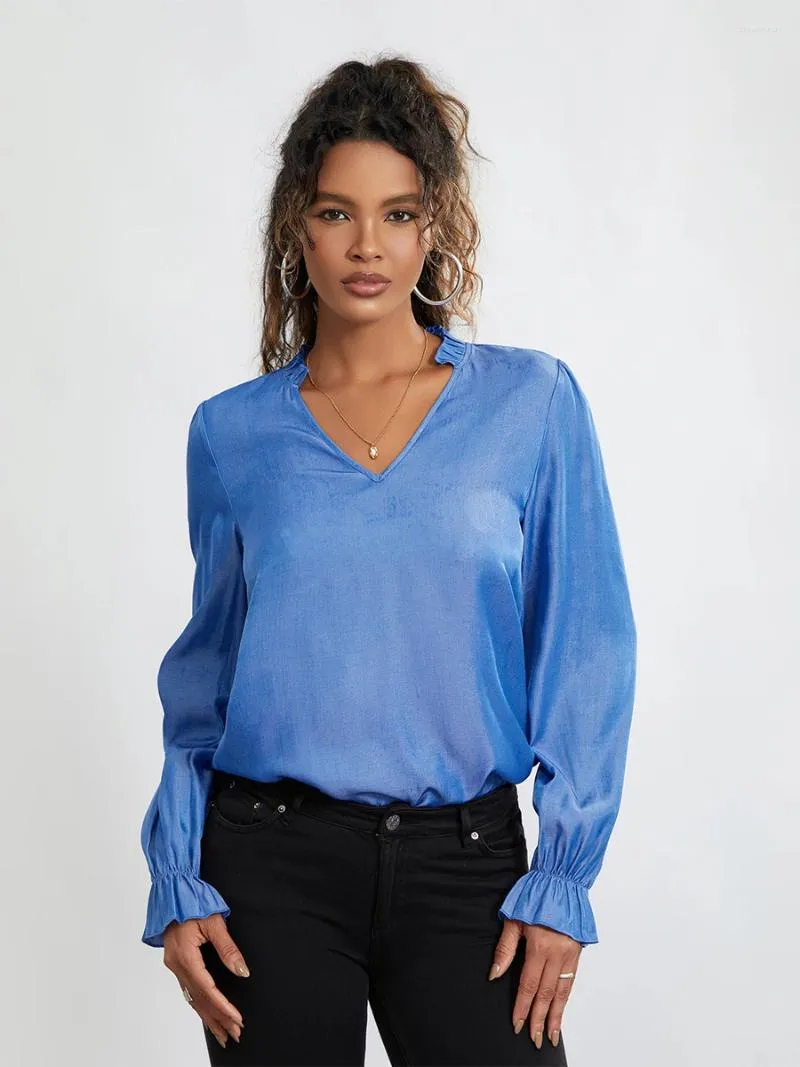 Kvinnors blusar WSEVYPO Office Lady Blue Spring Fall Long Sleeve Ruffle Trim V Neck Casual Shirts Work Daily Chic Plain Blouse