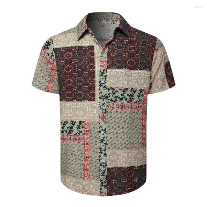 Herren-Freizeithemden, Strand-Hawaii-Hemd mit tropischem Blumenmuster, kurzärmelig, Leinen, Ethno-Stil, Retro-Mode, Camisa