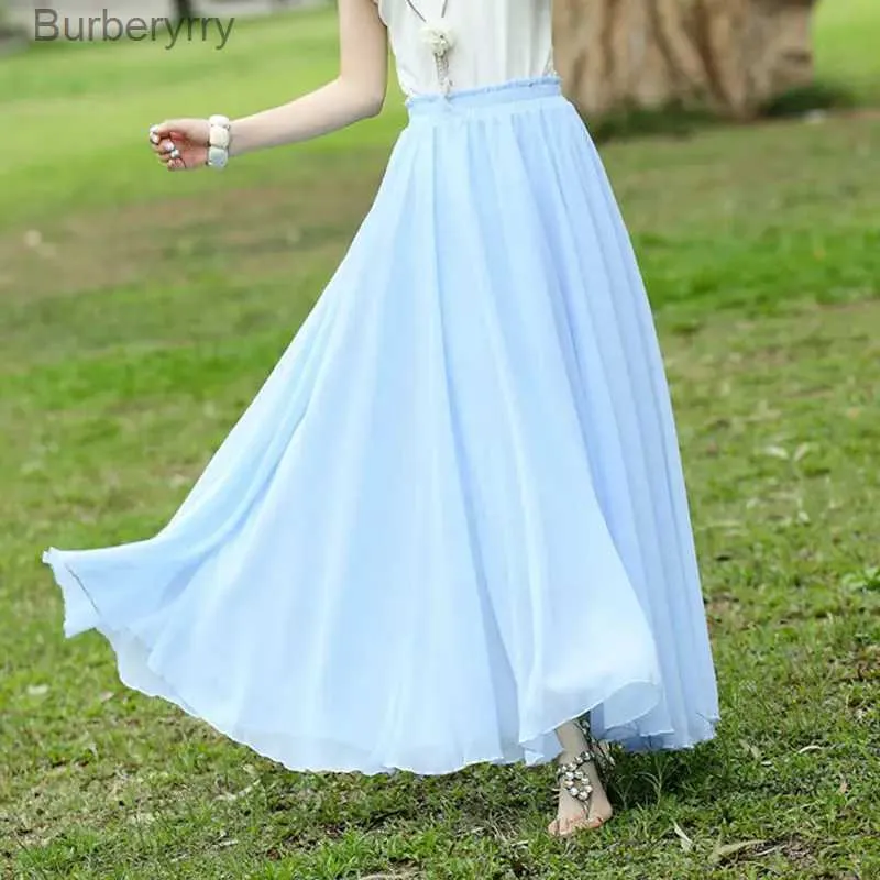 Kjolar 2023 Summer Women Chiffon Candy Color Long kjol fe Nice Designs High midje elascity a-line casual party maxi kjol saia z26l231212