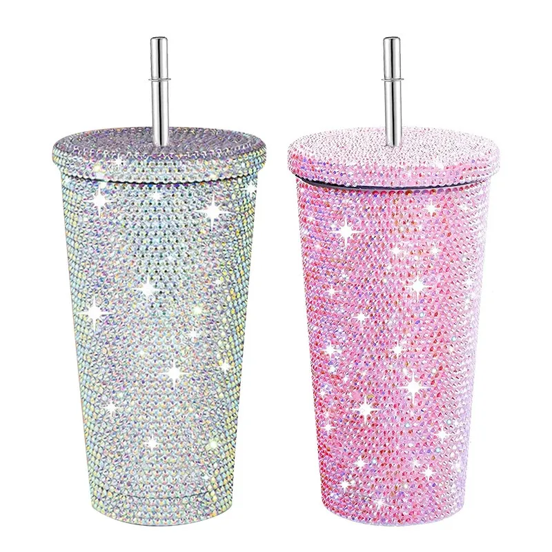 Thermoses Tumbler Glitter Copos com Tampa de Aço Inoxidável Vácuo Palha Térmica Strass Caneca de Escritório Isolada para Gelo Frio ou Quente Dri 231211