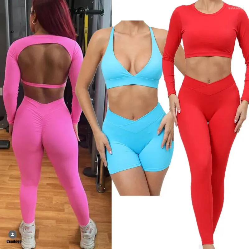 Ensembles actifs 2024 V cou 1/2Pc soutien-gorge de sport en cours d'exécution Yoga ensemble femmes pantalon d'entraînement gymnase Fitness femme taille Scrunch Legging vêtements d'exercice